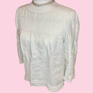 JCrew 🌸Linen White Eyelet top, Sz L w/ back button closure, 3/4 sleeves SO CUTE